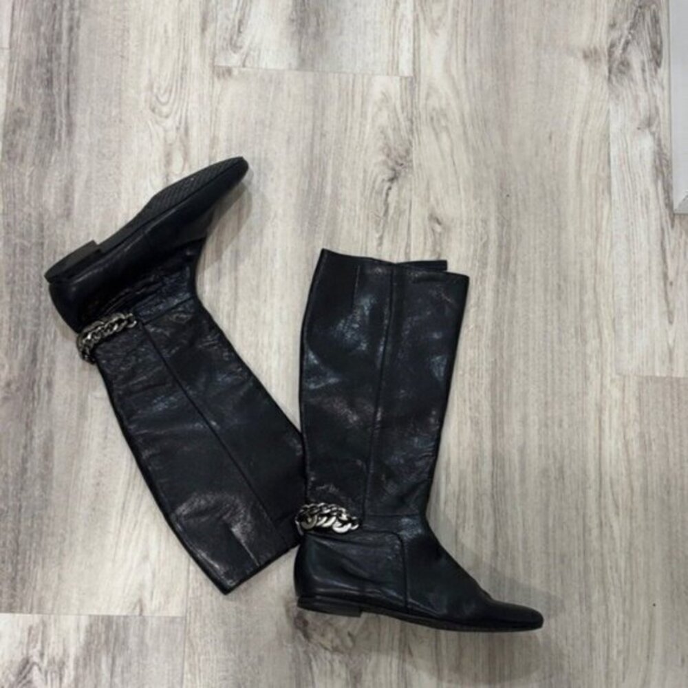 Calvin Klein Martha  Black Leather Knee-High Boots with Chain Detail size 5.5